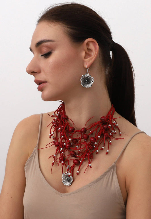 Red Leather Jewelry Set • Handmade Necklace, Earrings