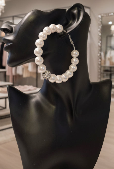 White Pearl & Crystal Ball Hoop Earrings-L