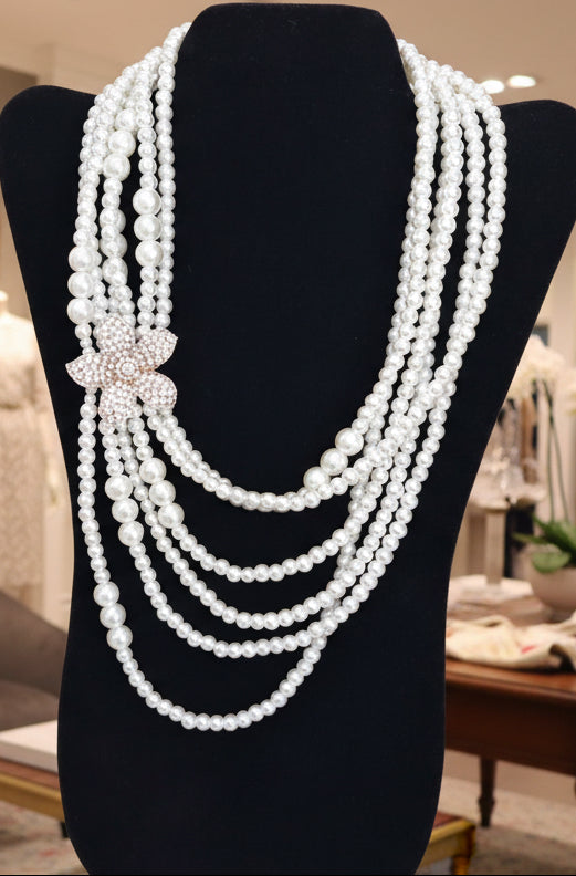 Cream Pearl Floral Layered Necklace-Gold