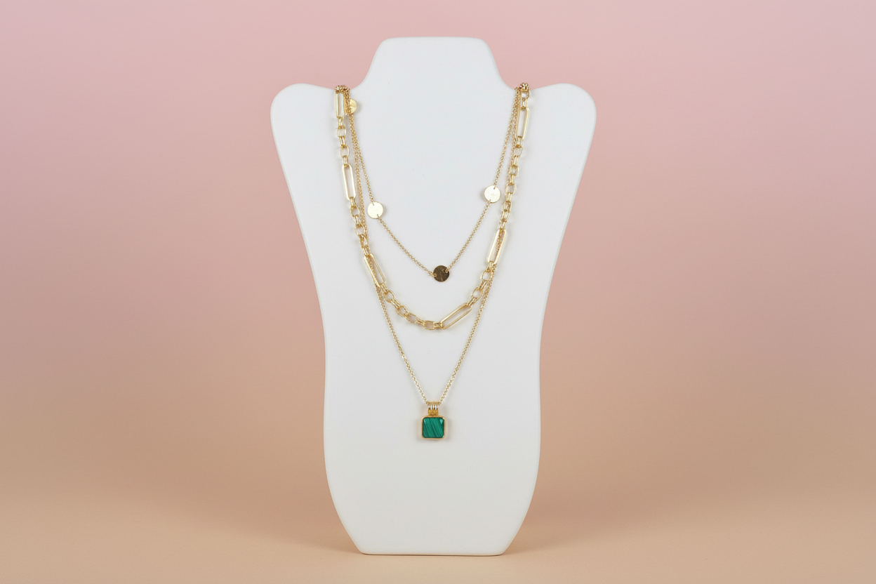 Green Stone 3 Layered Necklace Set - Gold