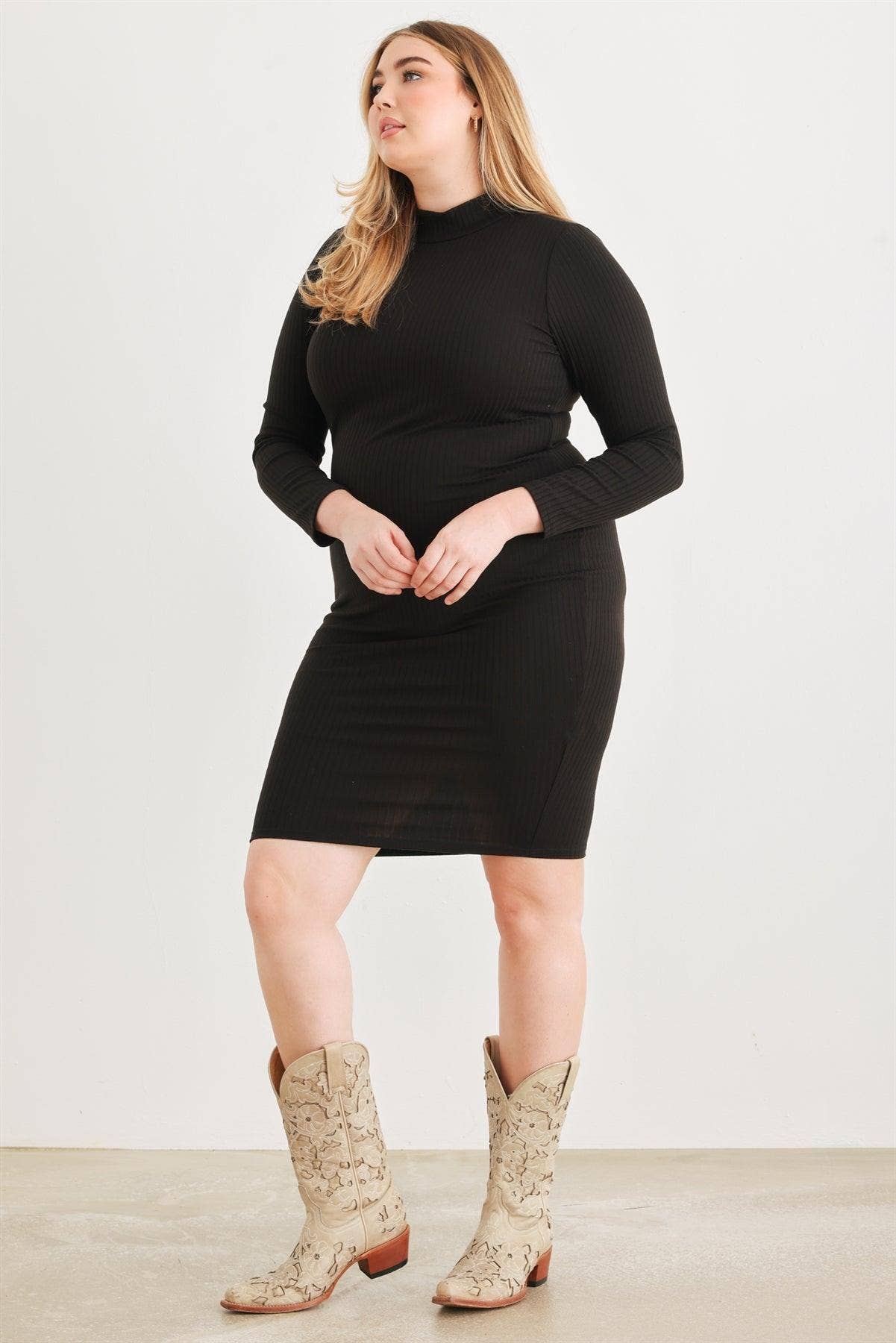 Junior Plus Black Ribbed Long Sleeve Mock Neck Cut-Out Back Midi Dress