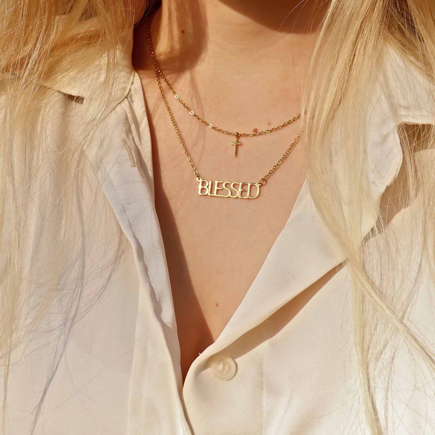 “Blessed” Layered Cross Necklace Set