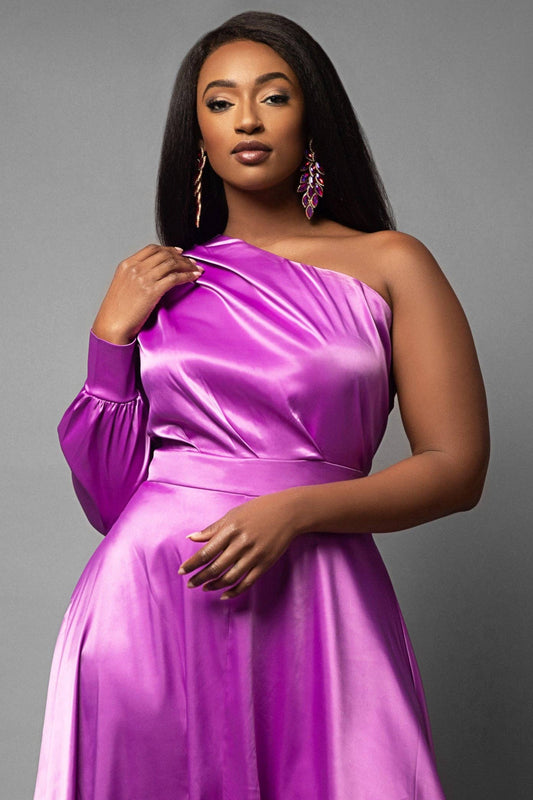 Camelia Purple Satin One Shoulder Hi Lo Maxi