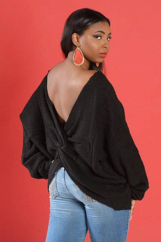 Black Deep Plunge Twist Back Sweater