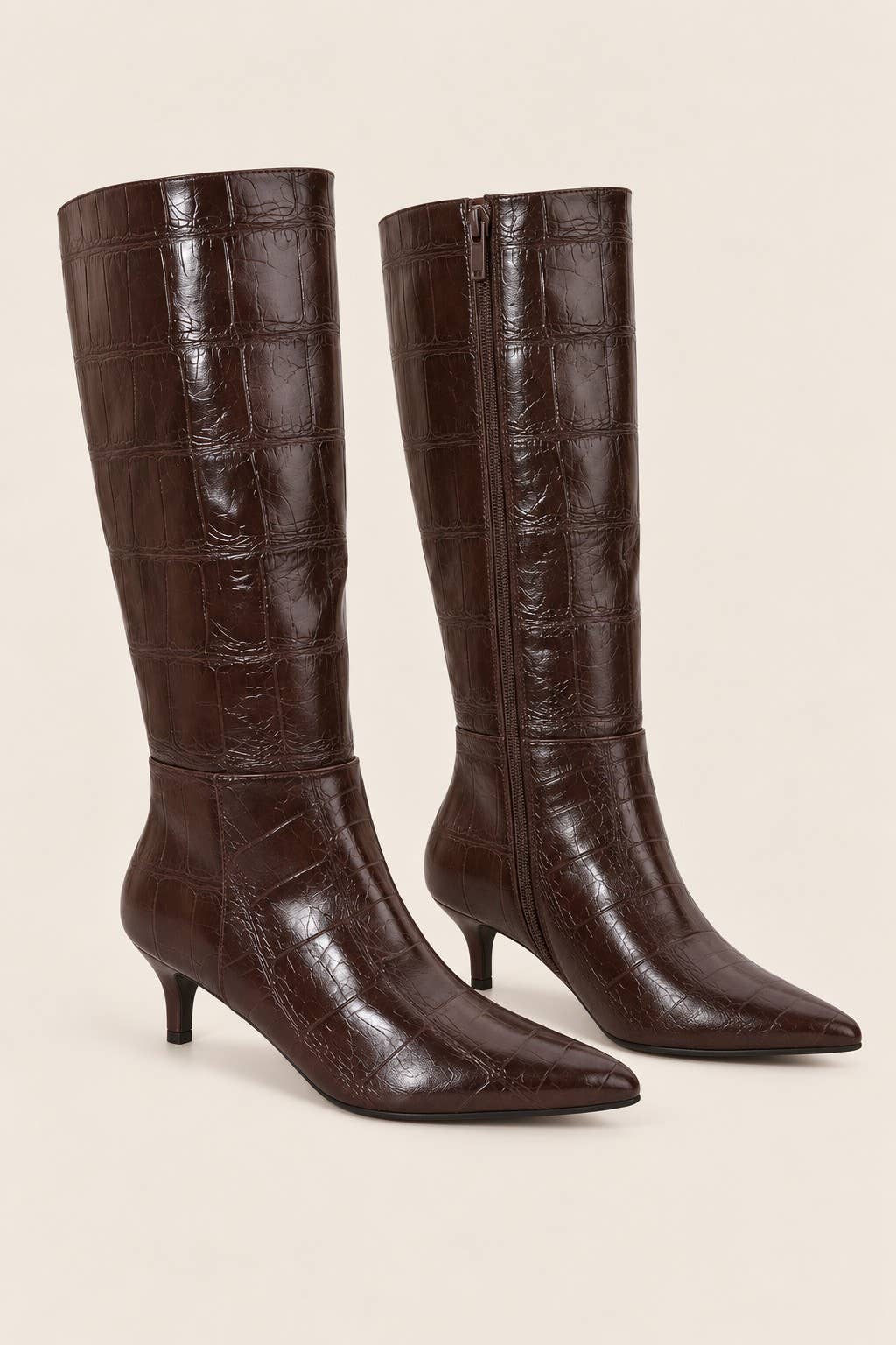 Croc-Embossed Pointed Toe Knee-High Kitten Heel