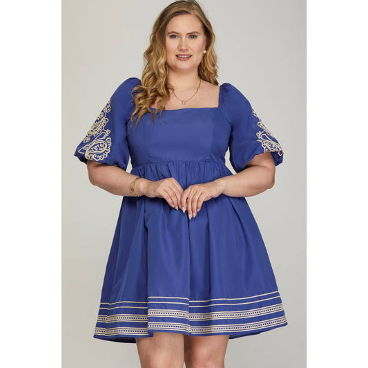 PLUS EMBROIDERY WOVEN SQUARE NECK MINI DRESS