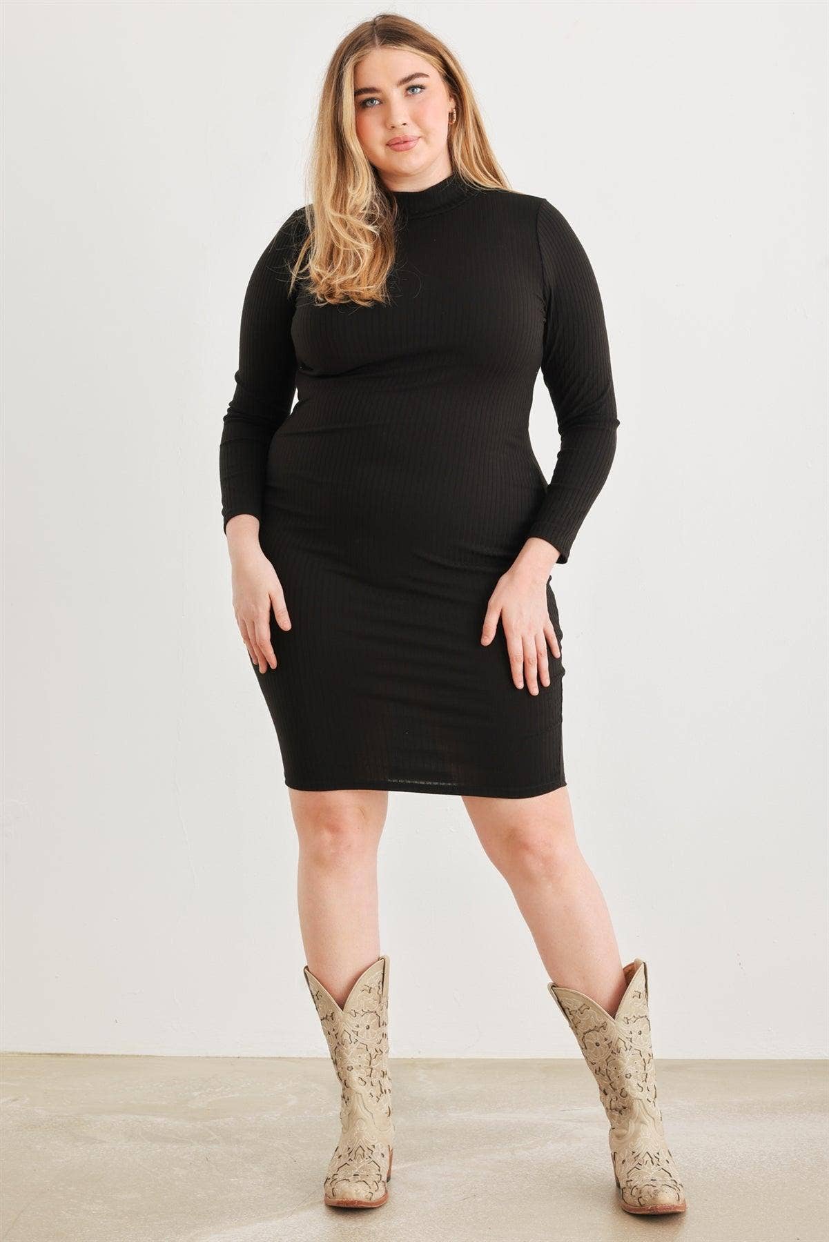 Junior Plus Black Ribbed Long Sleeve Mock Neck Cut-Out Back Midi Dress