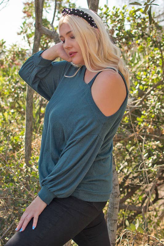 Solid Hacci Brush Cold Shoulder Top