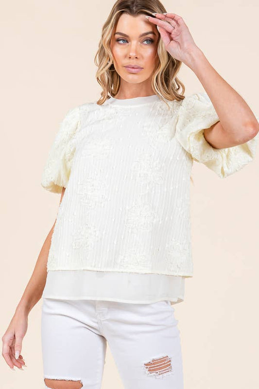 FLORAL TEXTURED BUBBLE SLEEVE TOP