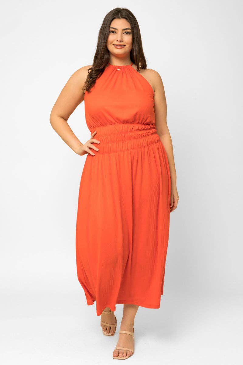 Plus Size Ribbed Halter Elastic Waist Maxi Dress