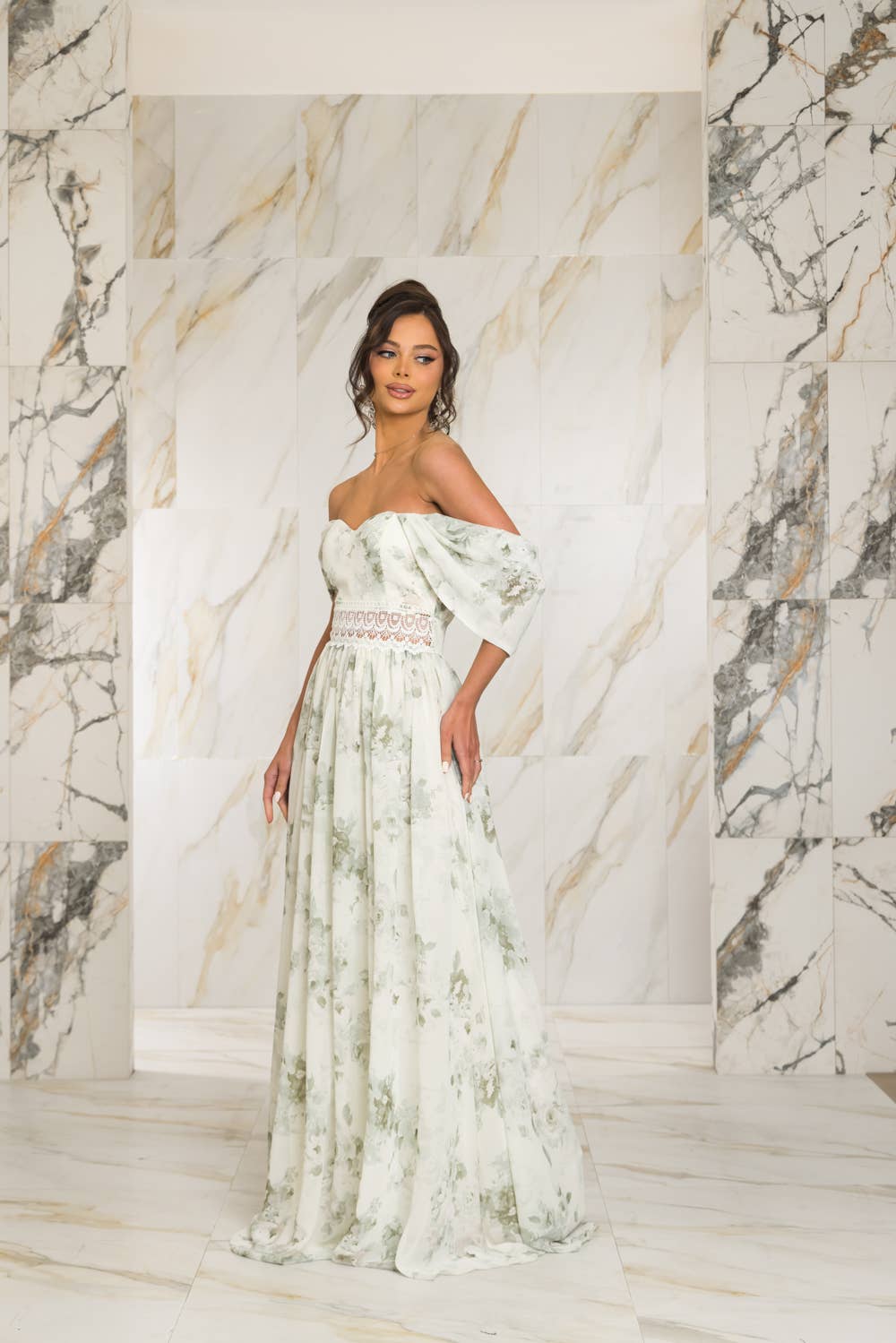 OFF SHOULDER FLORAL CHIFFON MAXI DRESS