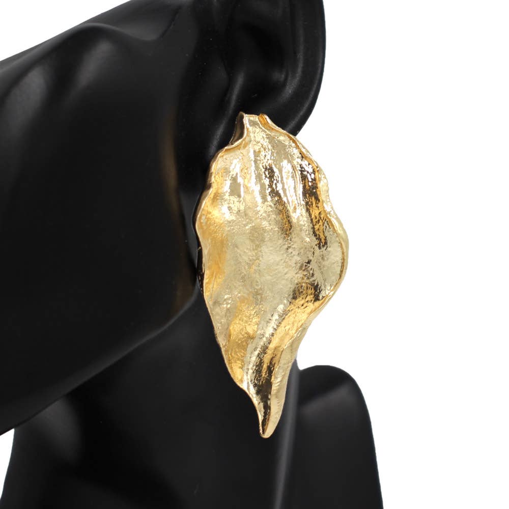 Bold Hammered Metal Sculpted Organic Leaf Drop Statement Earrings