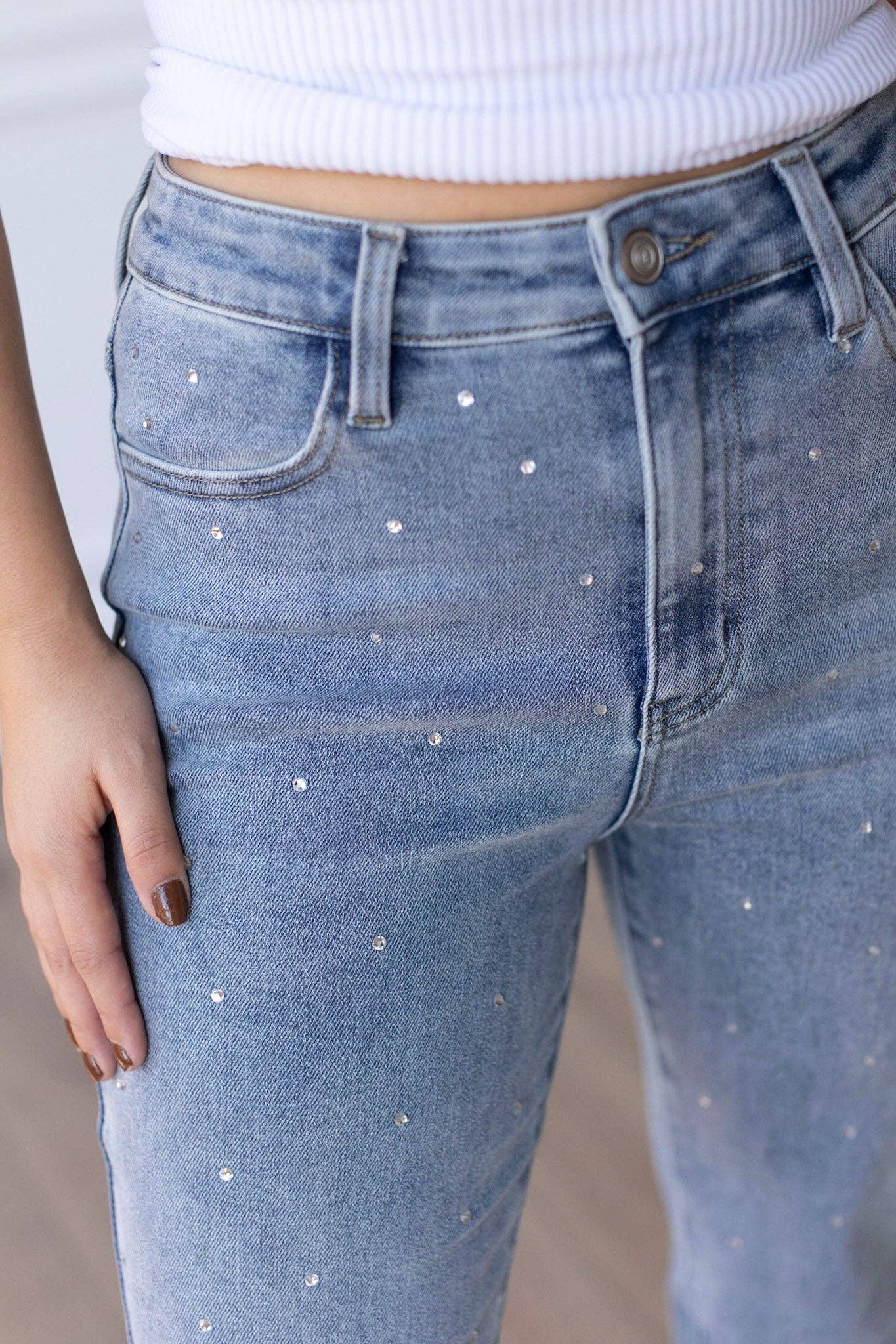 Light Wash Crystal Studded Straight Leg Jeans