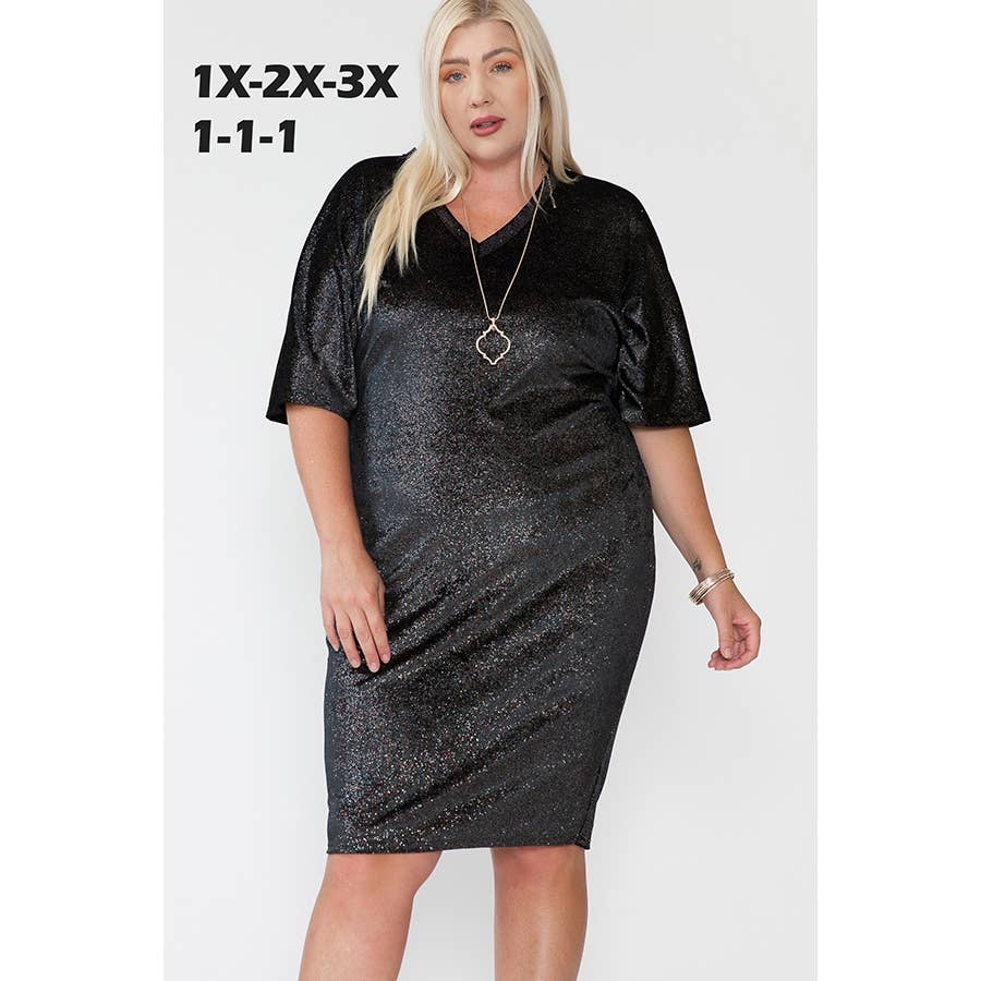 Plus Black Glitter Half Sleeve Velvet Foil Dress