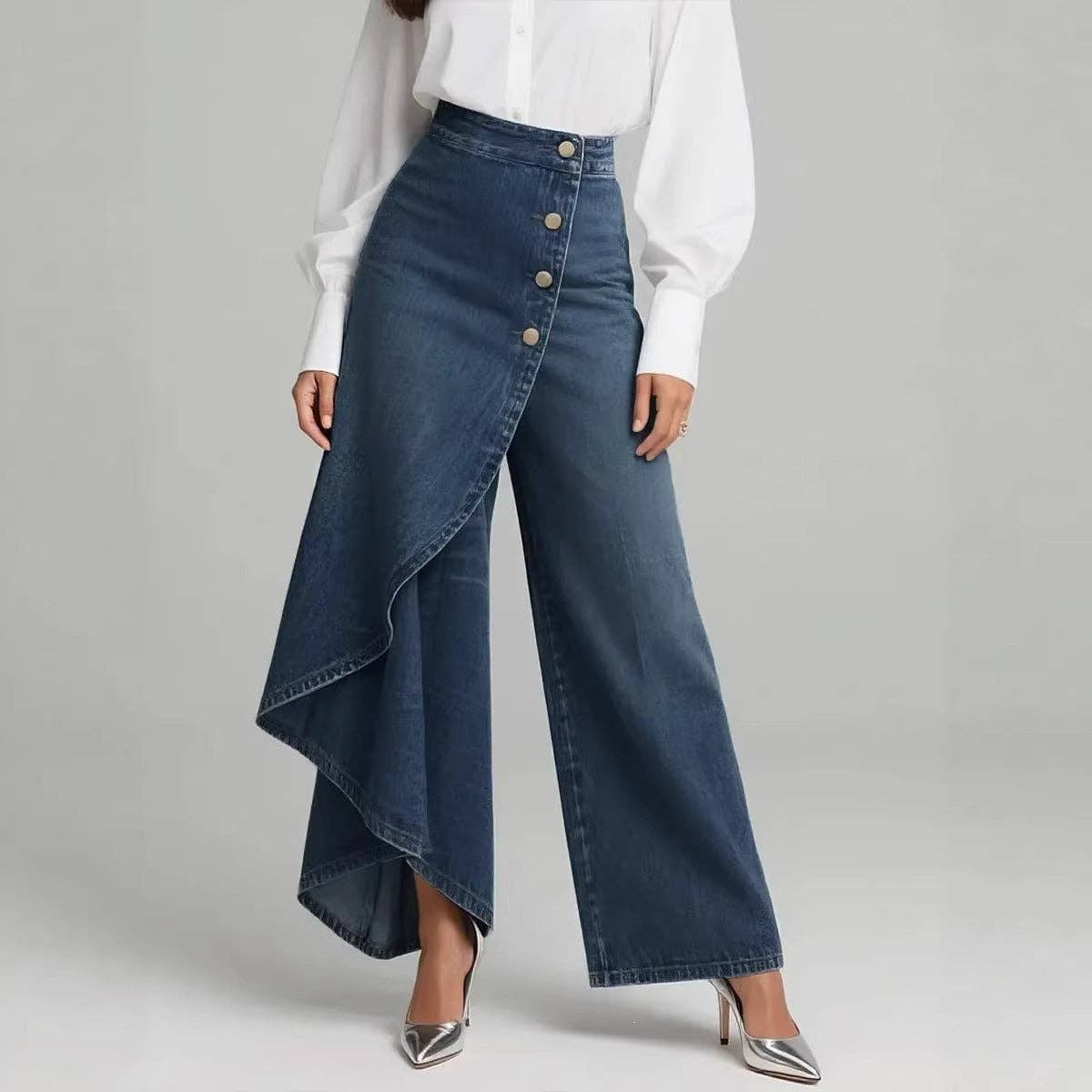 Denim Print Wide Leg Pants High Waist Button Front
