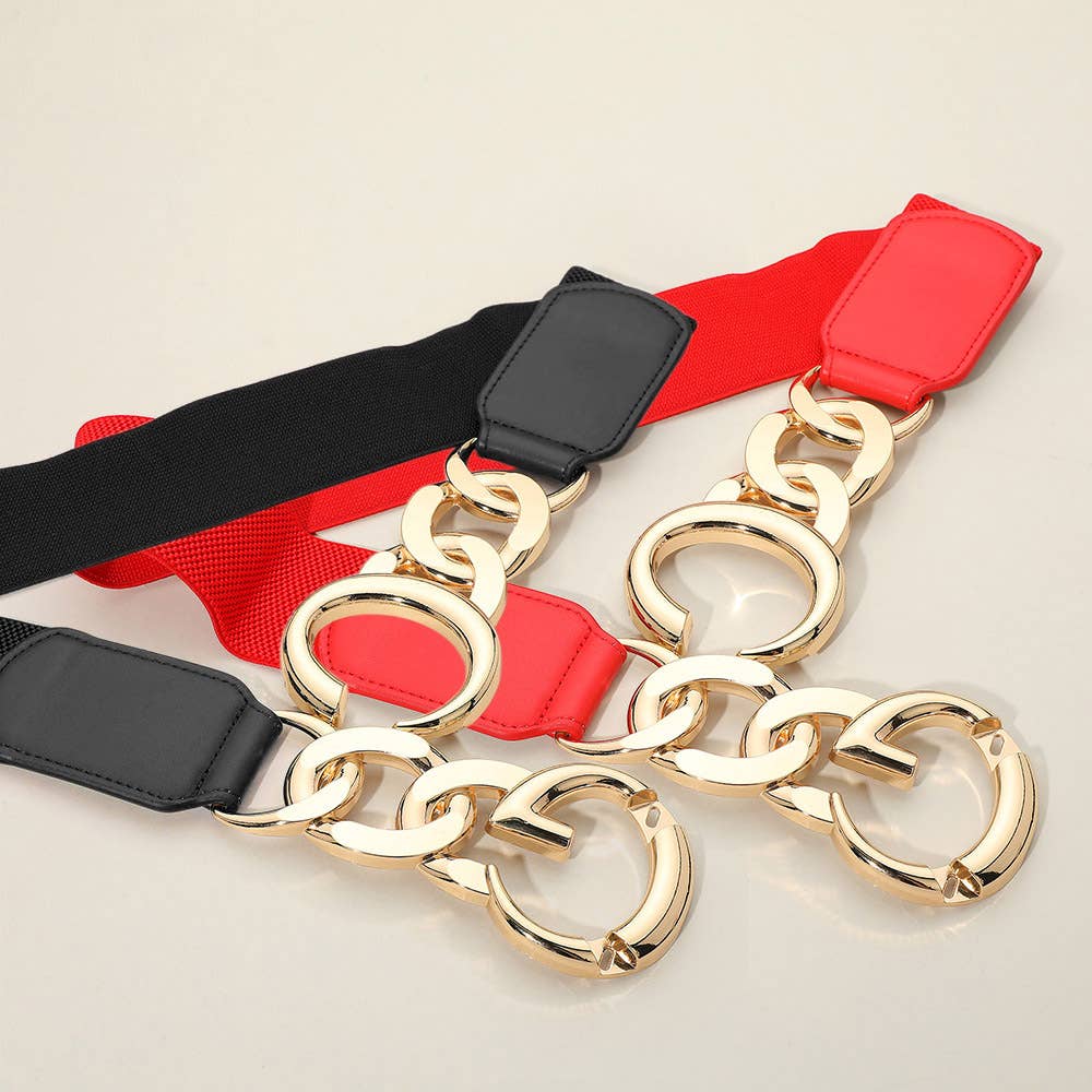 Double Metal Ring Chain Buckle Accent Elastic Waist Belt