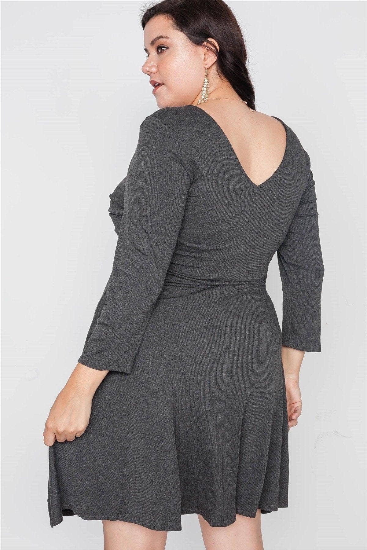 Plus Size Ribbed Charcoal V-Neck Dress