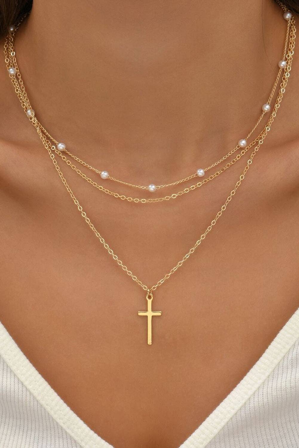 Gold Cross Pearl Layered Necklace