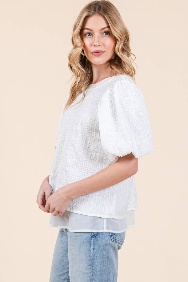 FLORAL TEXTURED BUBBLE SLEEVE TOP