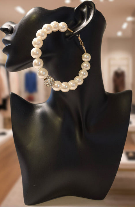 White Pearl & Crystal Ball Hoop Earrings-L