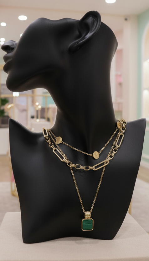 Green Stone 3 Layered Necklace Set - Gold