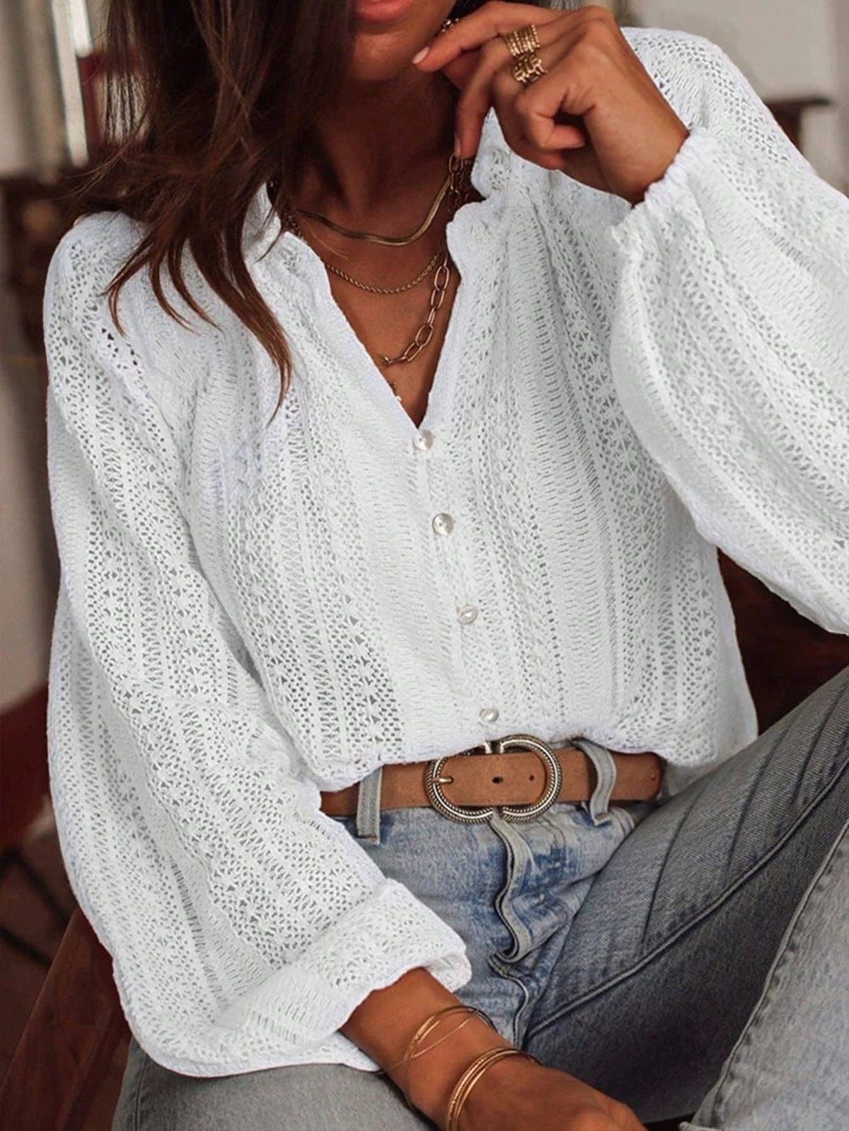 Hollow Knit V Neck Button Front Lace Blouse for Women