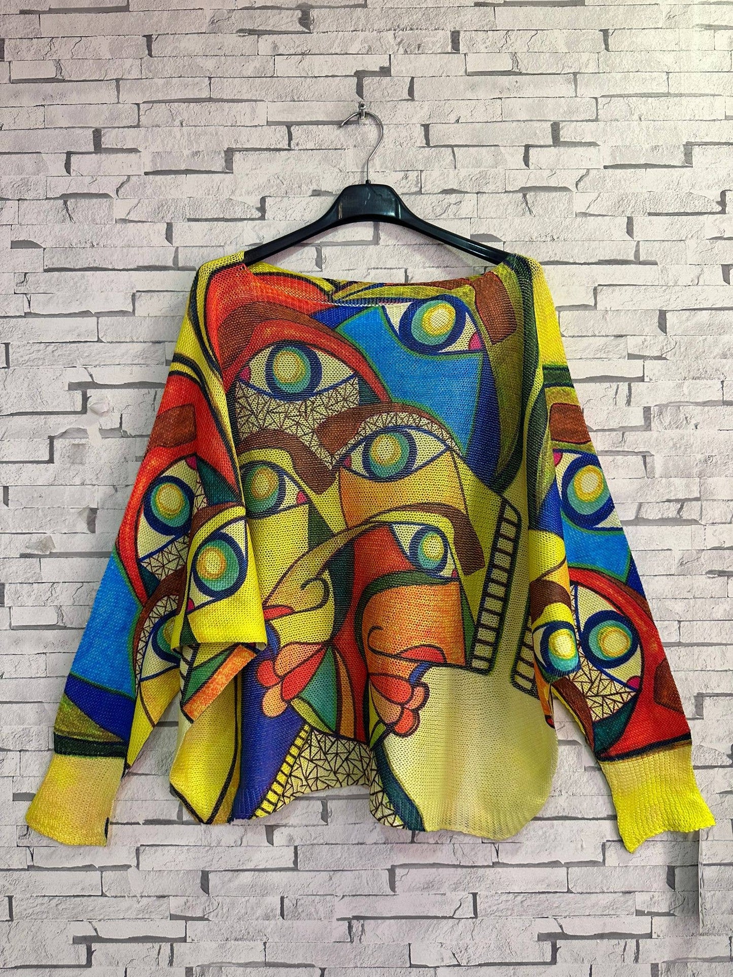 Yellow "Picasso"  Round Knit Printed Sweater