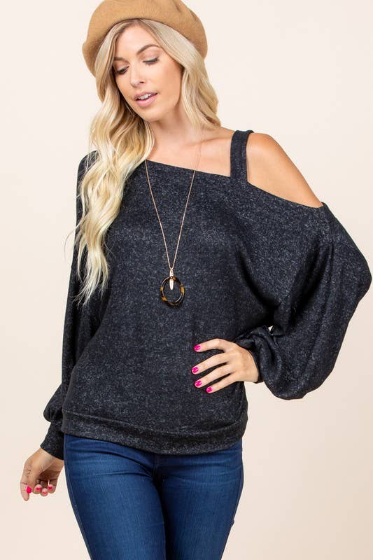 Solid Hacci Brush Cold Shoulder Top