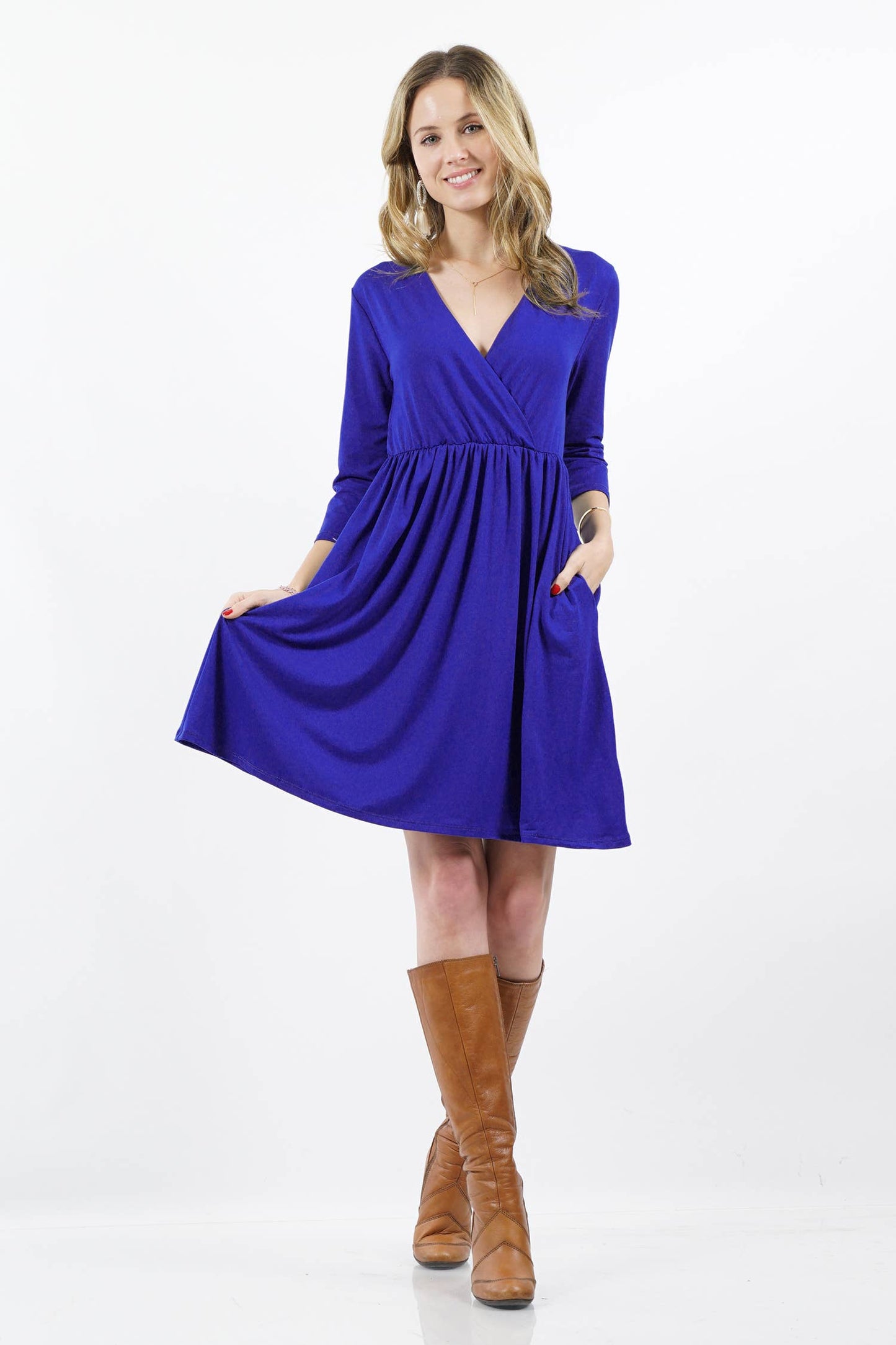 3/4 SLEEVE Empire Surplice Shirred TWO-POCKET TUNIC