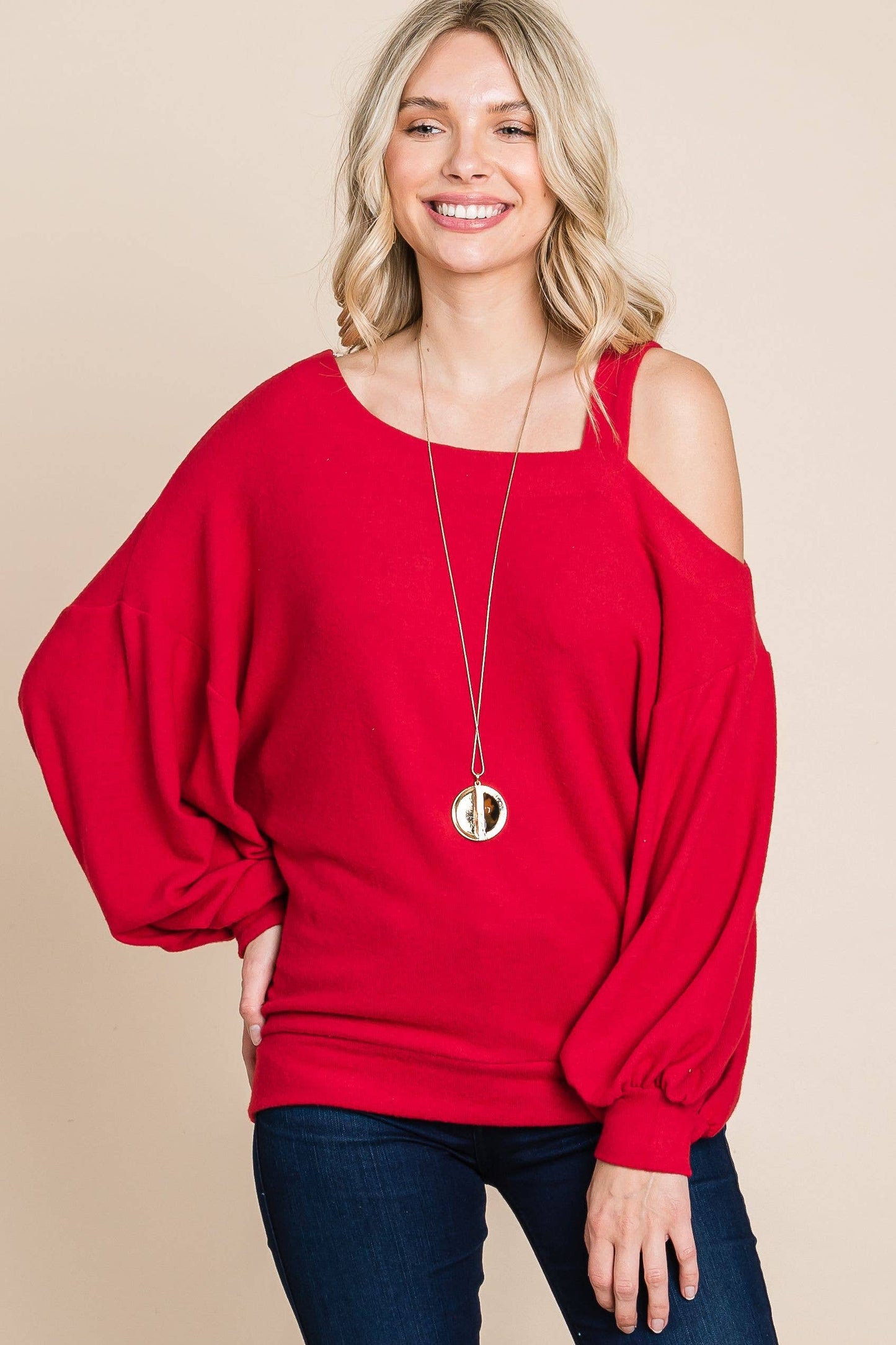 Solid Hacci Brush Cold Shoulder Top