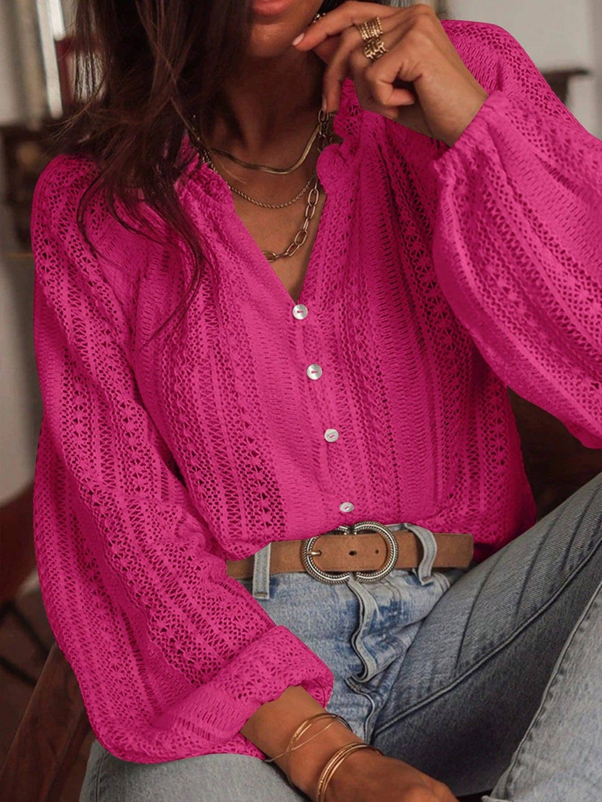 Hollow Knit V Neck Button Front Lace Blouse for Women