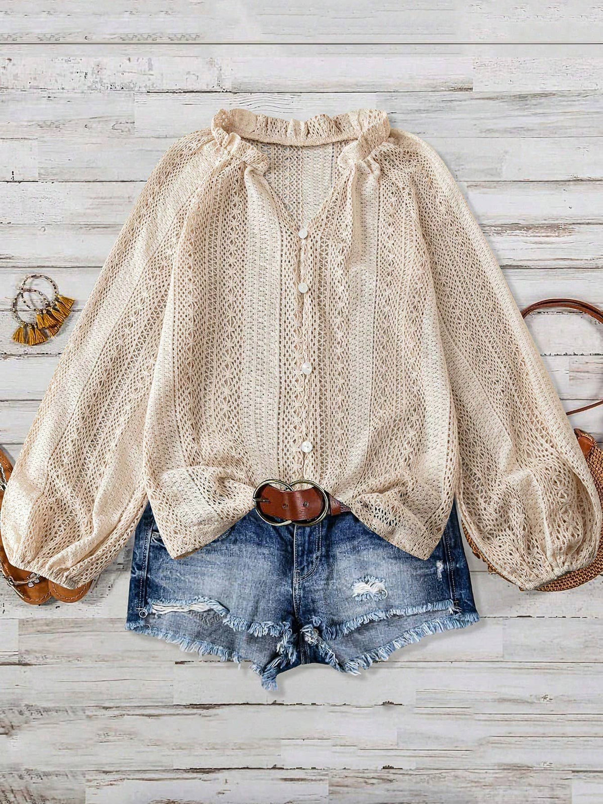 Hollow Knit V Neck Button Front Lace Blouse for Women