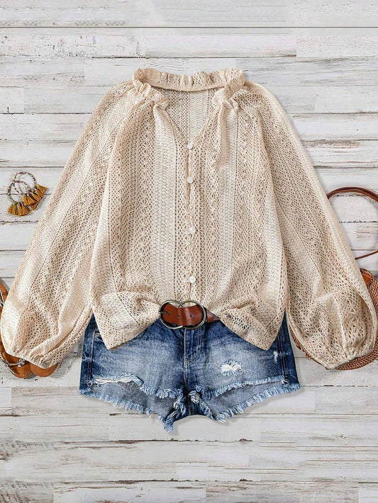 Hollow Knit V Neck Button Front Lace Blouse for Women