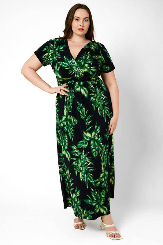 Plus Size Short Sleeve Front Twist Tropical Maxi Dress