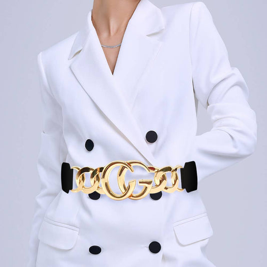 Double Metal Ring Chain Buckle Accent Elastic Waist Belt
