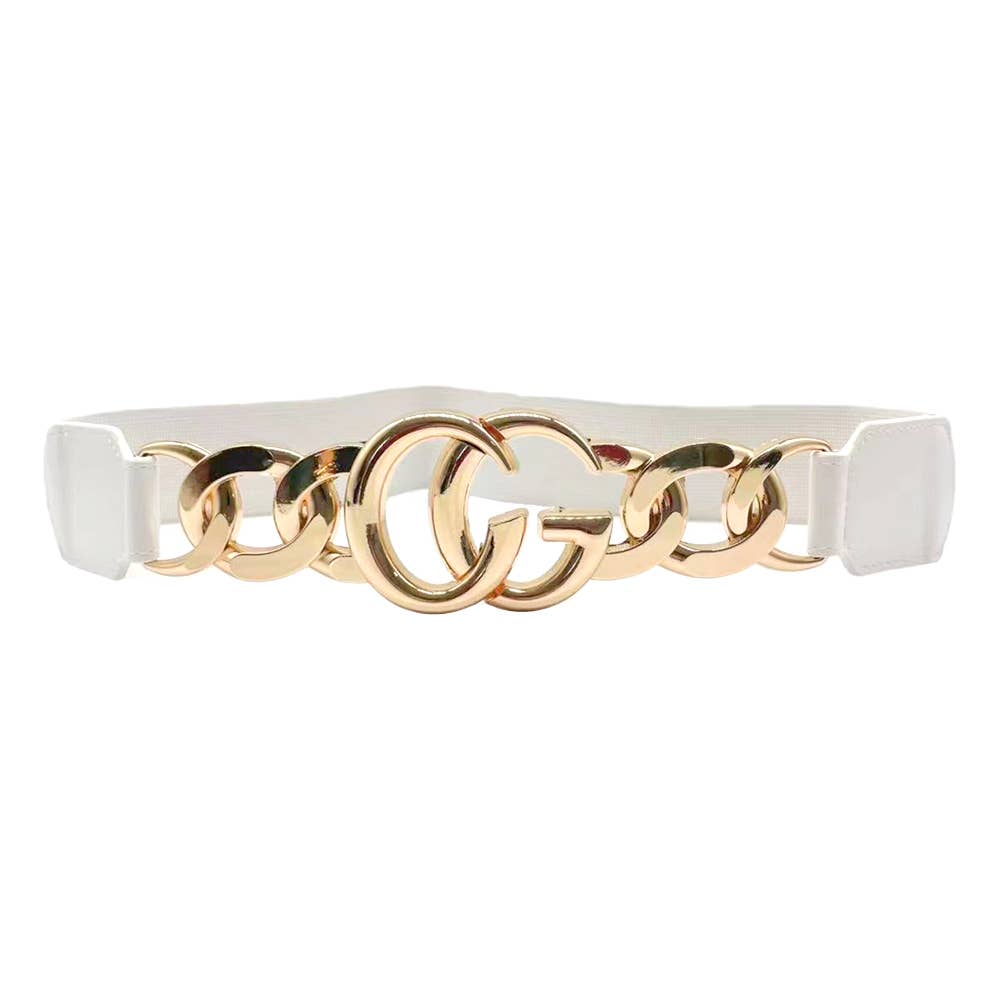 Double Metal Ring Chain Buckle Accent Elastic Waist Belt