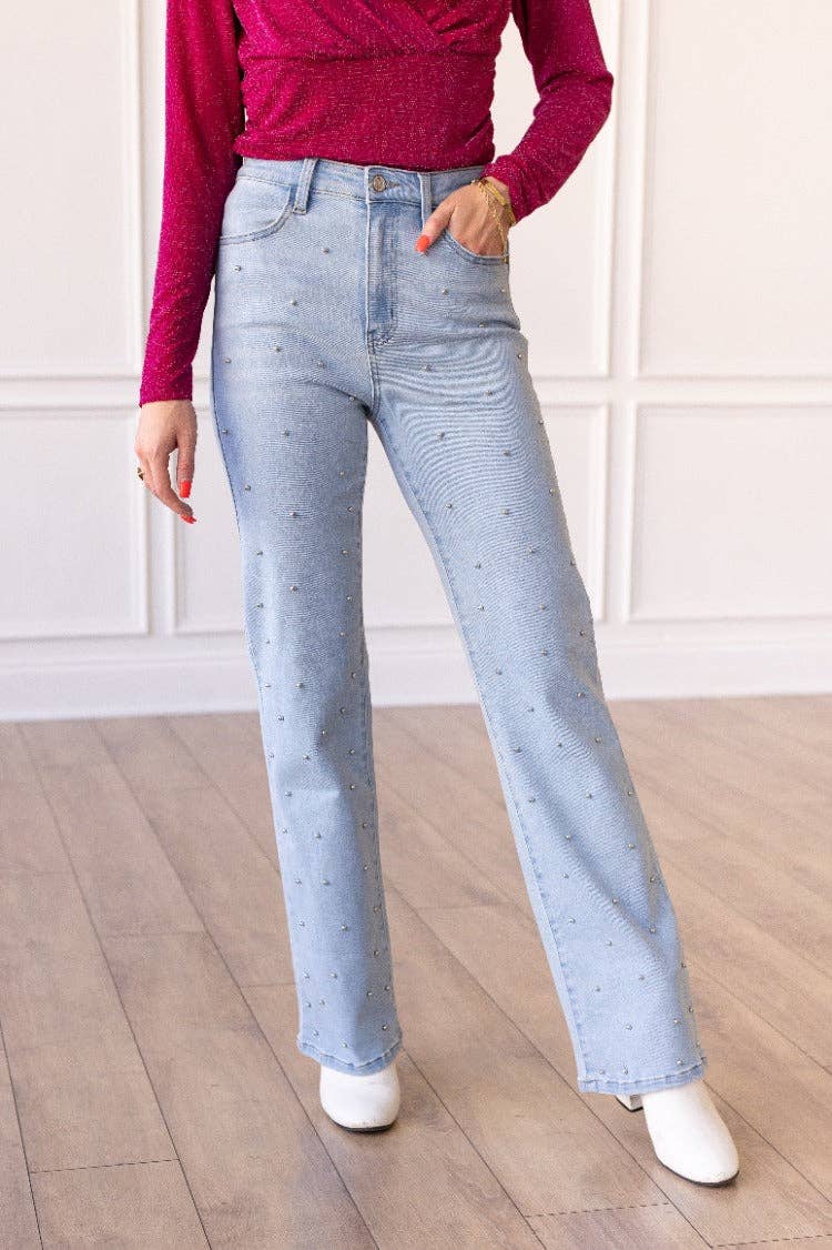 Light Wash Straight Leg Jean with Studs