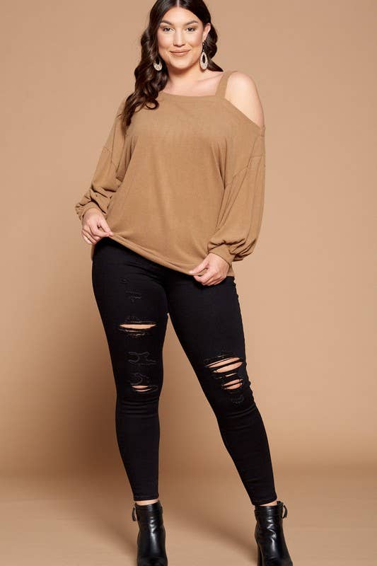 Solid Hacci Brush Cold Shoulder Top