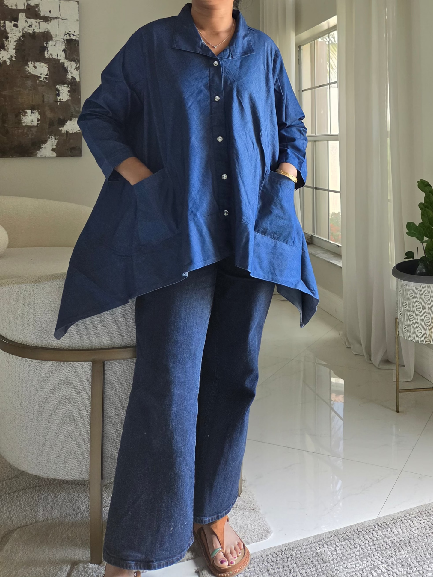 Classic Button-Down Asymmetric Denim Tunic 858X