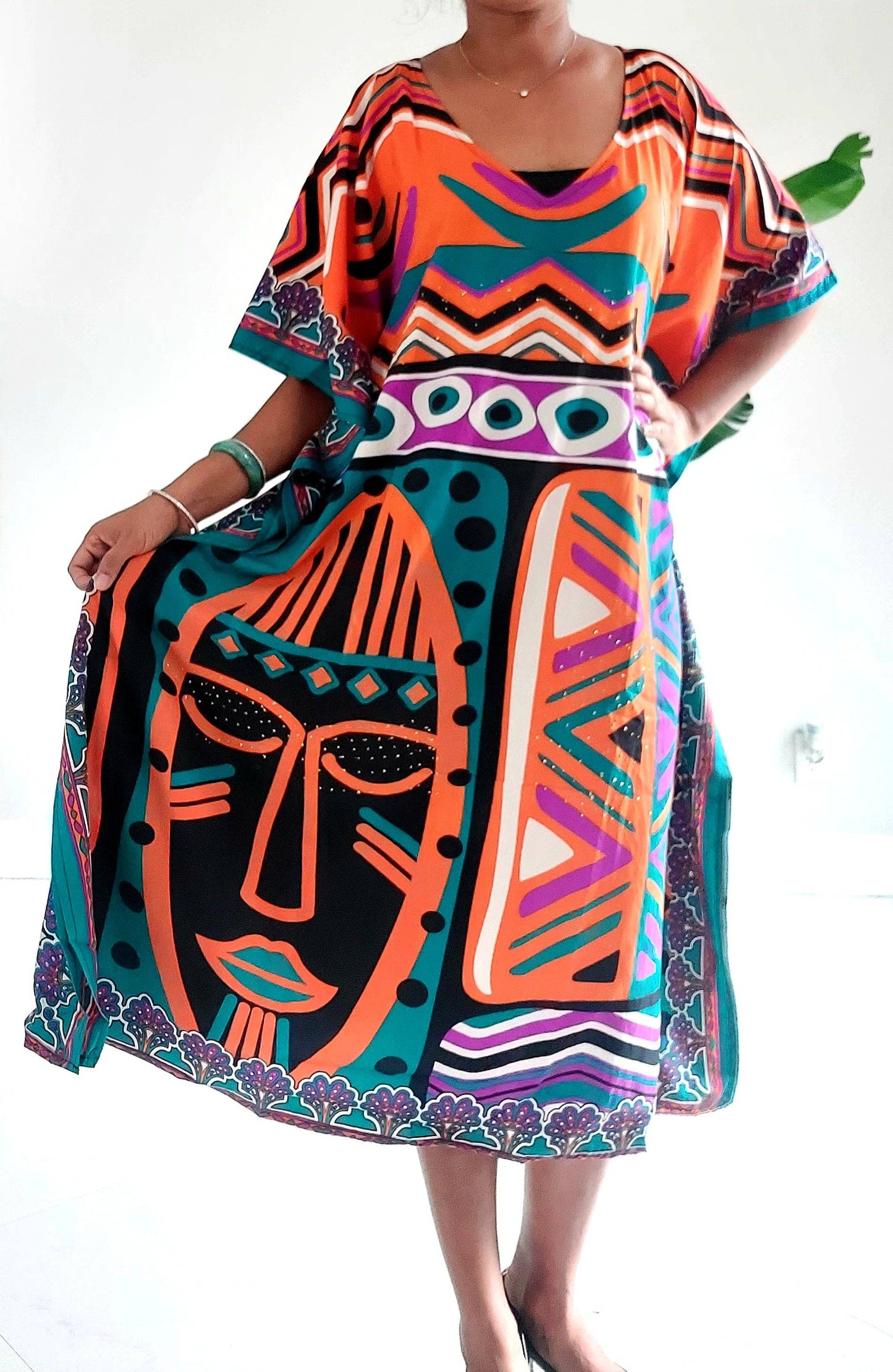 Afro Print Middi Kaftan Dress