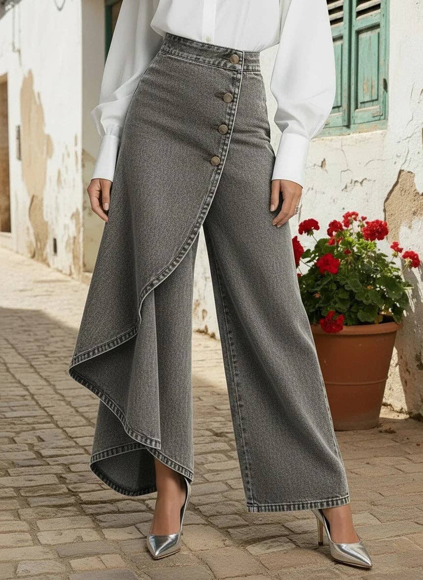 Denim Print Wide Leg Pants High Waist Button Front