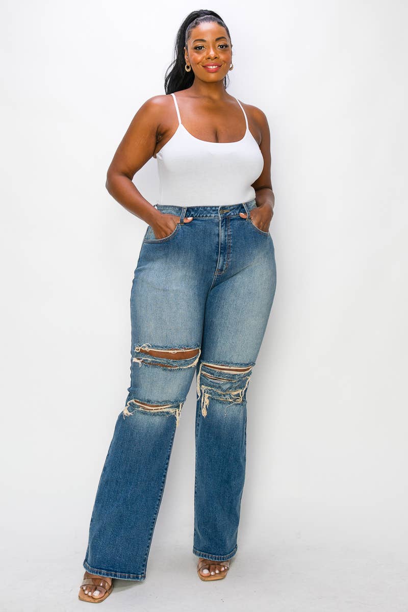 PLUS CURVY DISTRESSED VINTAGE WASH STRAIGHT LEG JEANS