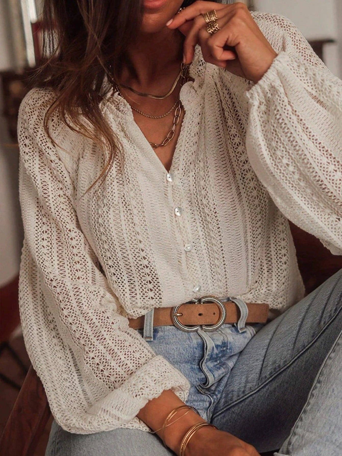 Hollow Knit V Neck Button Front Lace Blouse for Women