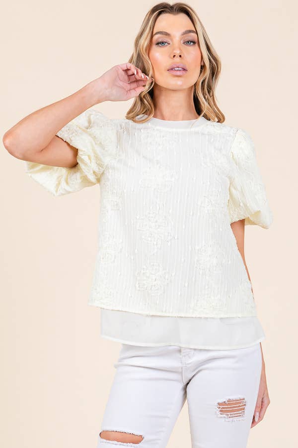 FLORAL TEXTURED BUBBLE SLEEVE TOP