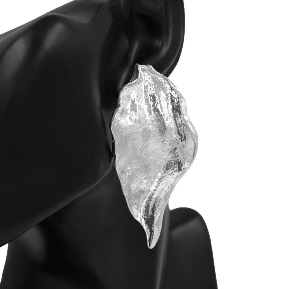 Bold Hammered Metal Sculpted Organic Leaf Drop Statement Earrings