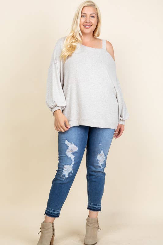 Solid Hacci Brush Cold Shoulder Top