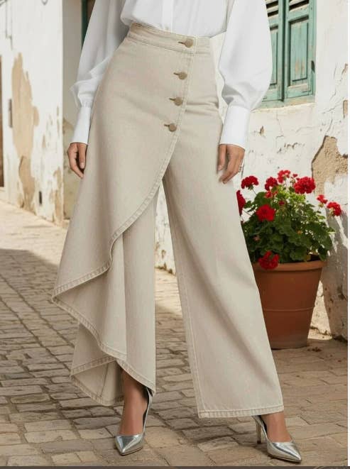 Denim Print Wide Leg Pants High Waist Button Front