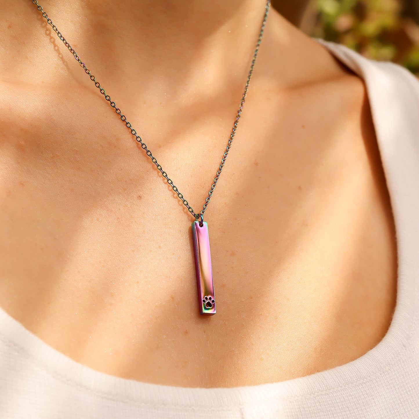 Paw Print Cutout Vertical Bar Necklace - Engravable