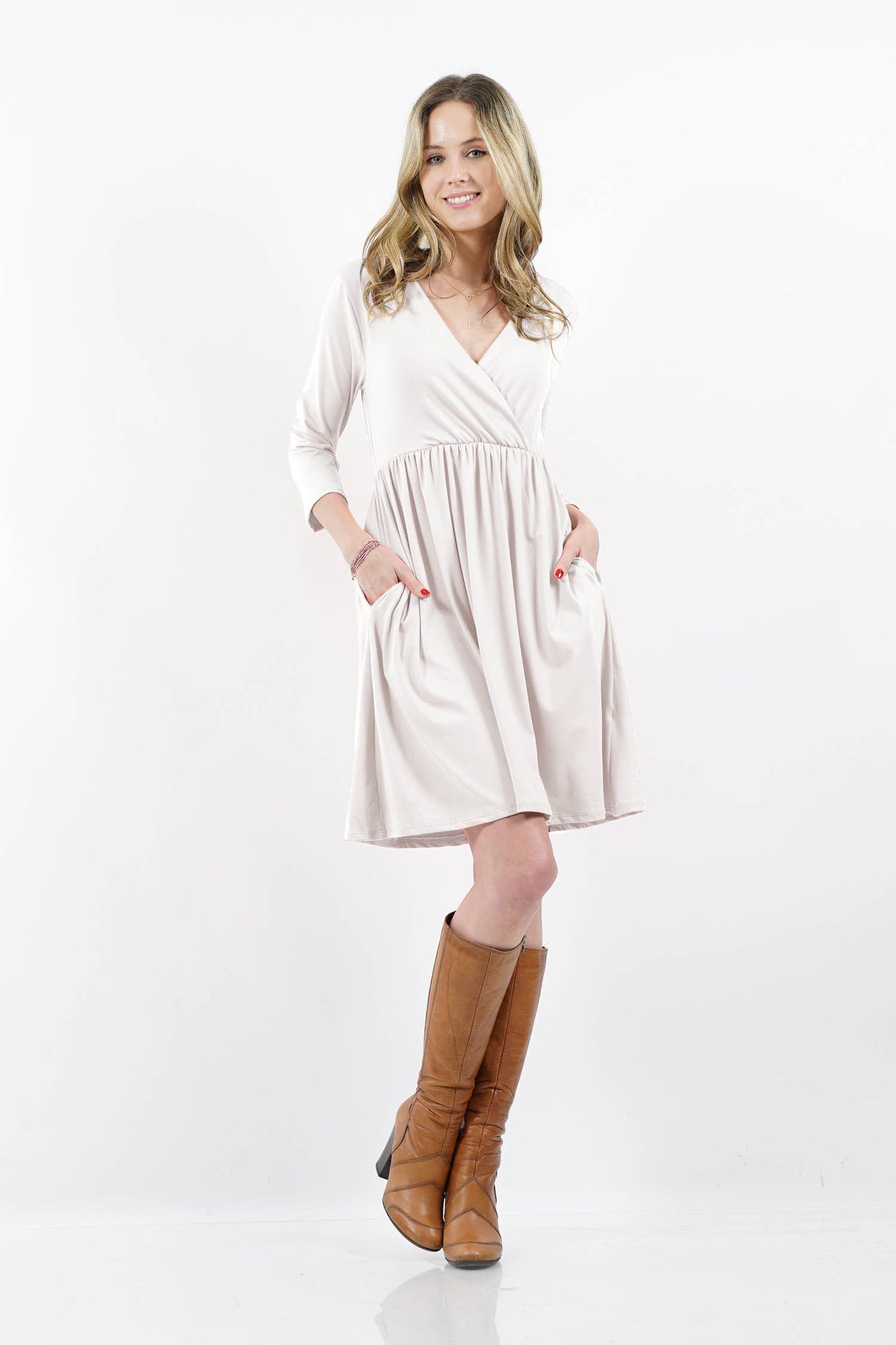 3/4 SLEEVE Empire Surplice Shirred TWO-POCKET TUNIC