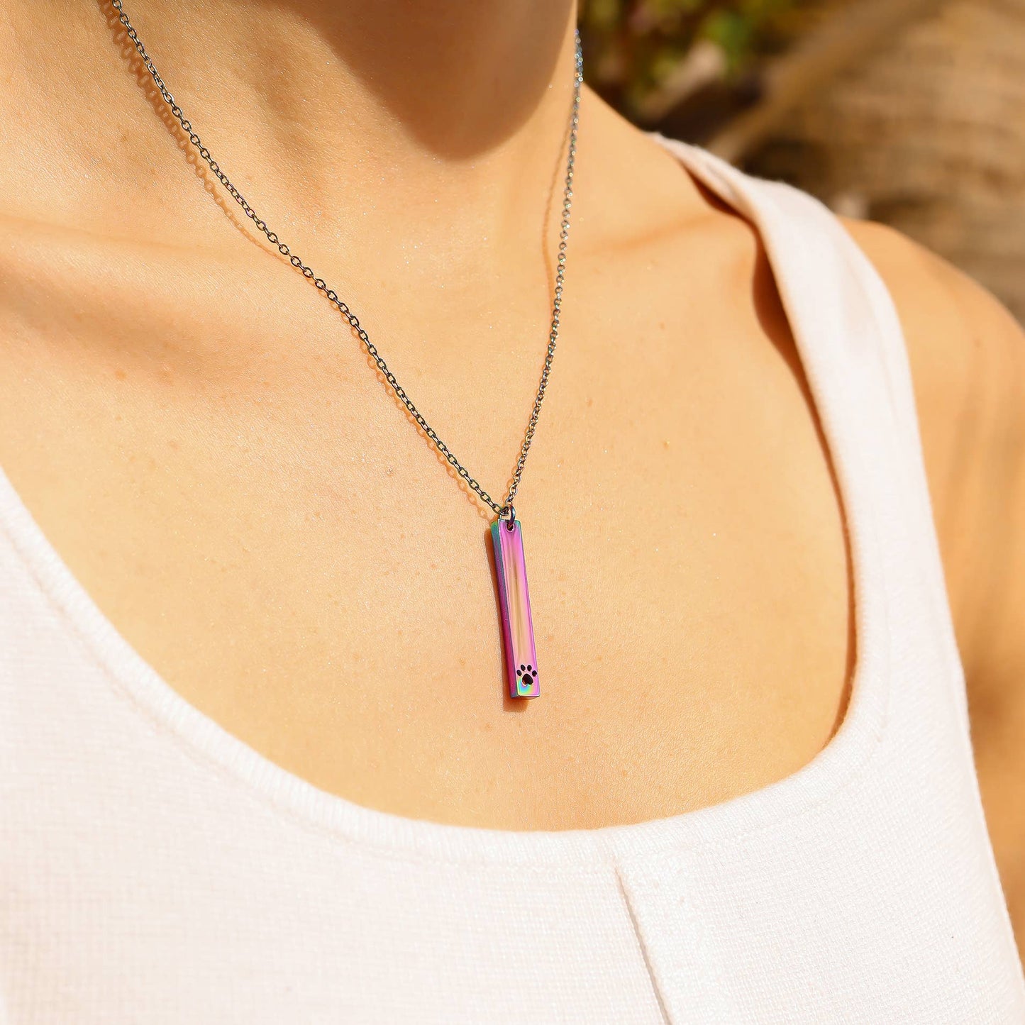 Paw Print Cutout Vertical Bar Necklace - Engravable